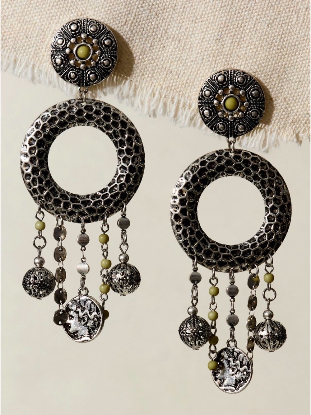 Free People Antique Plated Silver & Sage Beaded Dangle Statement Earrings